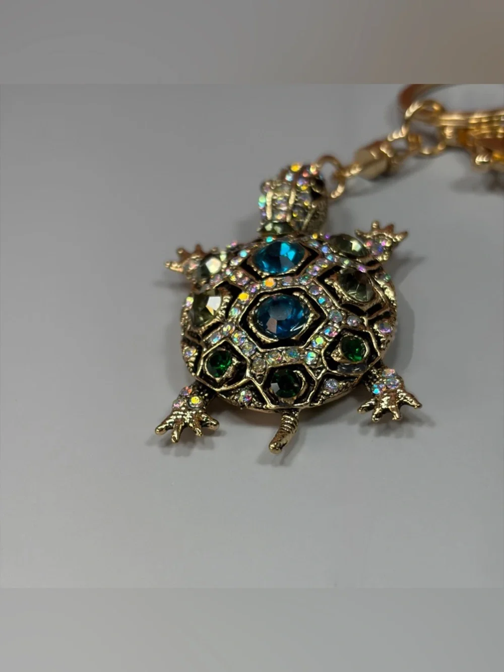 Sparkling Gold Turtle Keychain with Blue & Green Stones